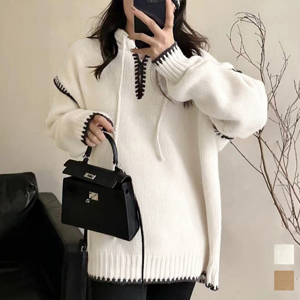 カットソー 配色ステッチ長袖ニットパーカー韓国風