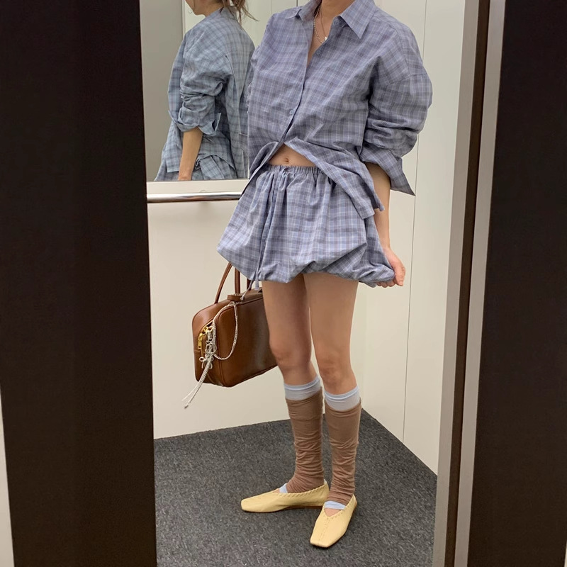 カットソー チェック柄 長袖シャツ ショートパンツ レディースセット
