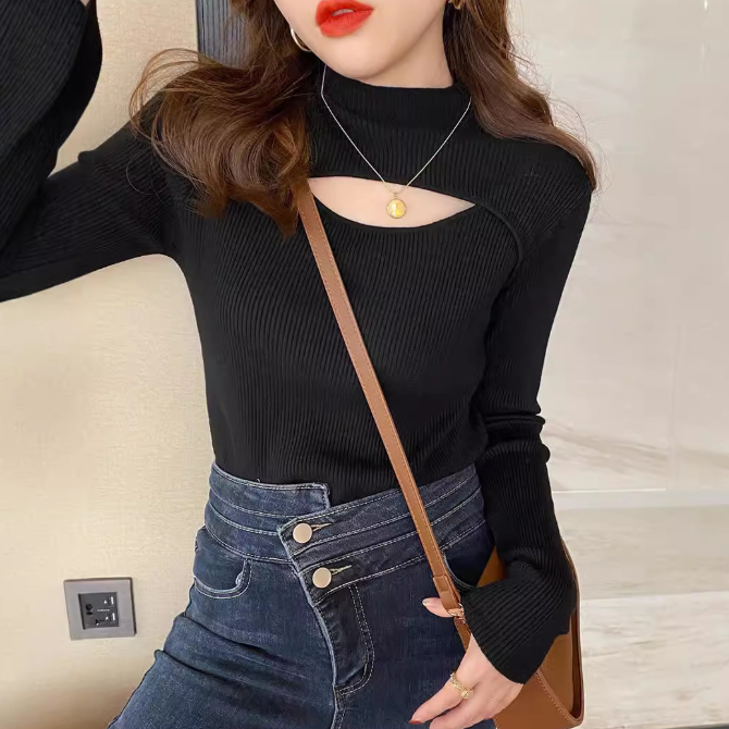 カットソー 新作レディースハイネックニット胸元開きデザインセーター