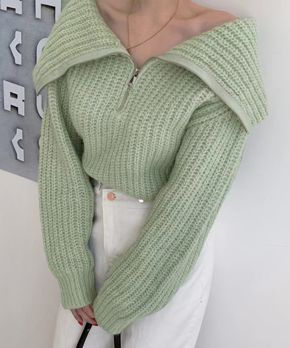 カットソー ハーフジップニットセーター ボートネック ビッグカラー