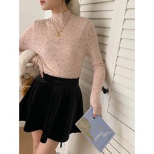 カットソー フリル襟ドット柄ハイネックニット長袖インナー