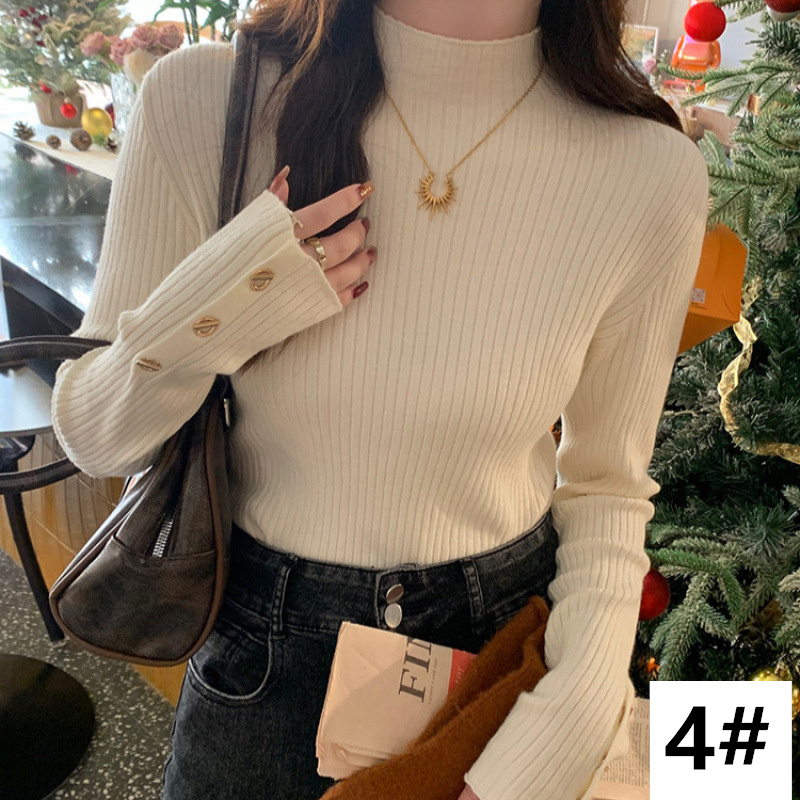 カットソー 2025秋冬新作 金ボタン付き長袖リブセーター 全4色