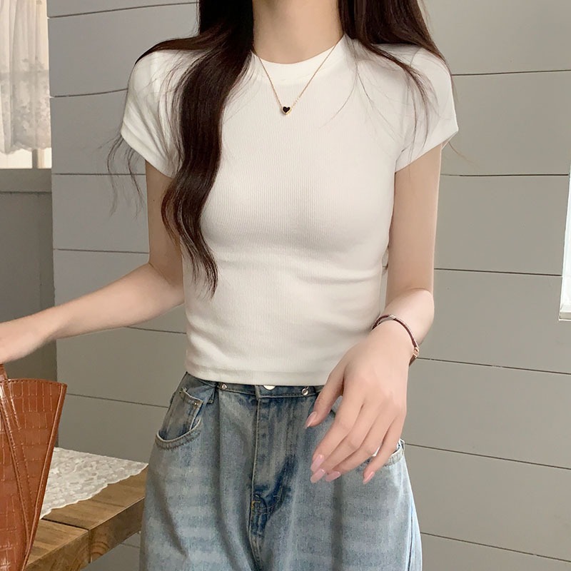 カットソー リブ編み丸首ベーシックカットソー