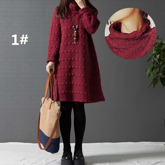 カットソー 秋冬ハイネックワンピース厚手長袖ゆったり体型カバー