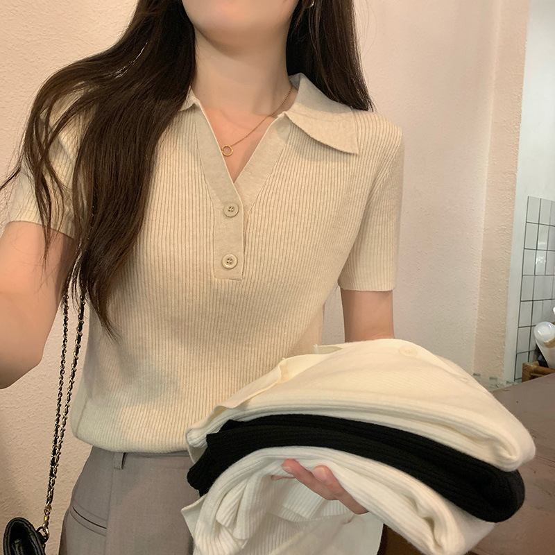 カットソー リブ編み襟付き半袖カットソー
