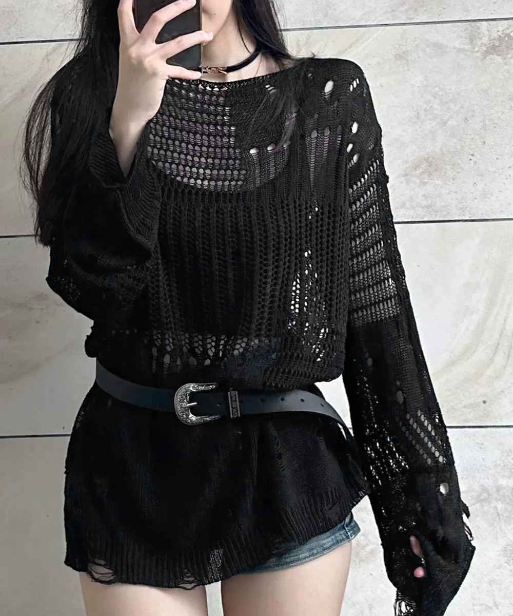 透かし編み長袖カットソー ダメージニットトップス