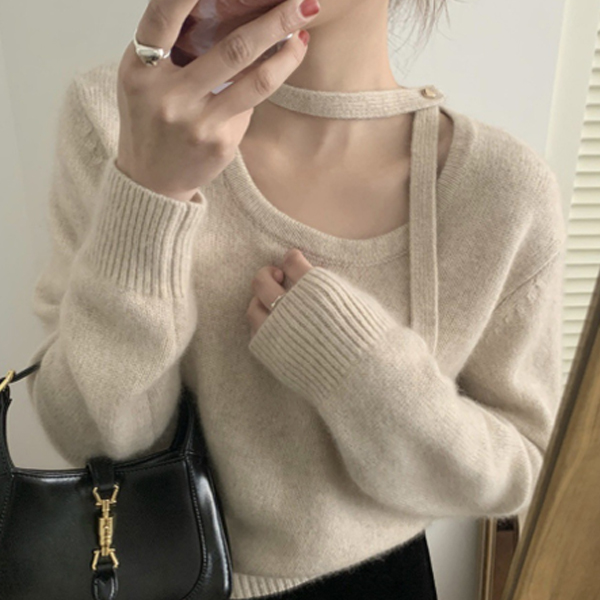 カットソー 配色ハイネックニットセーター レディース長袖カジュアルトップス