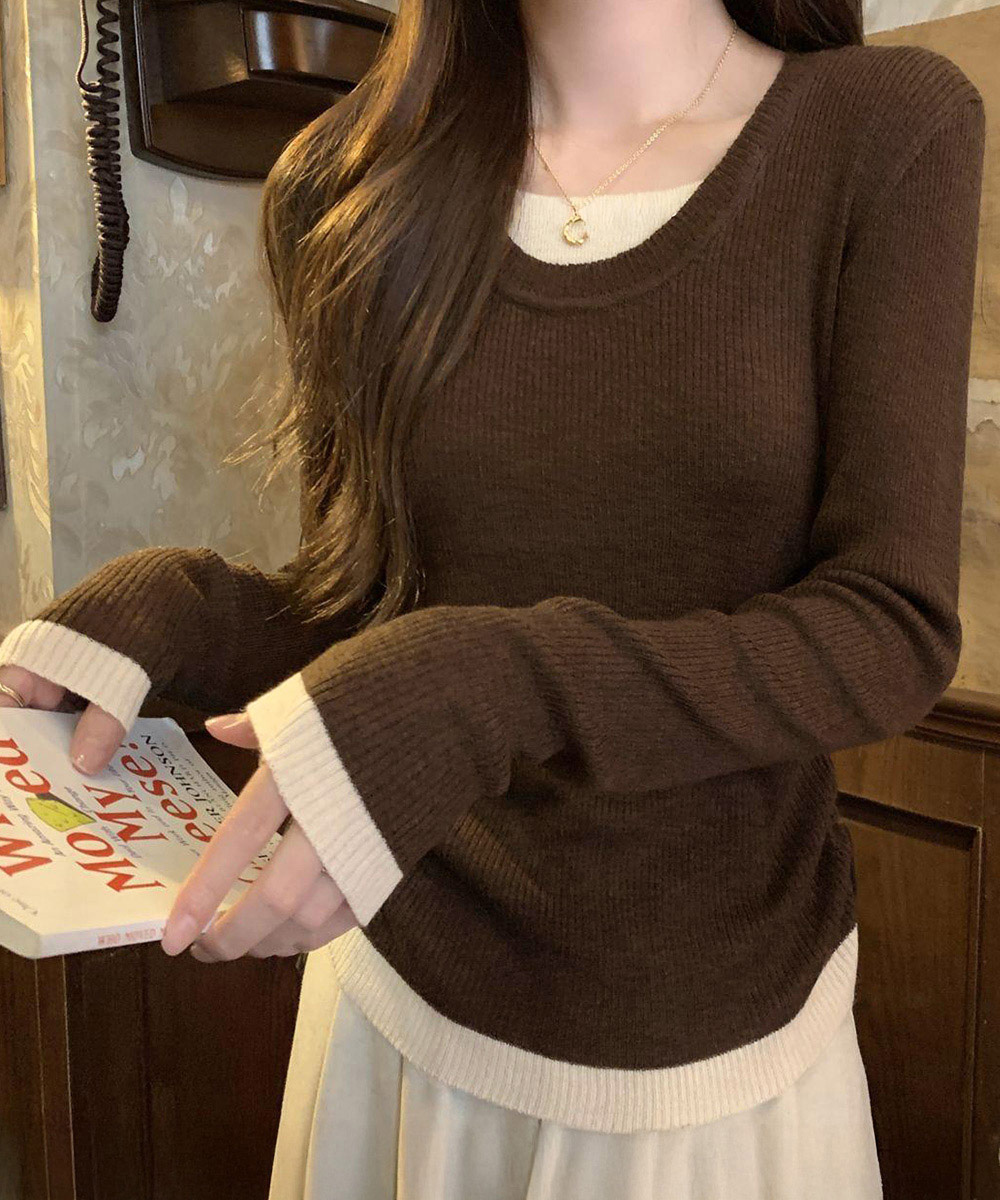 配色重ね着風長袖カットソー韓国風リブニット