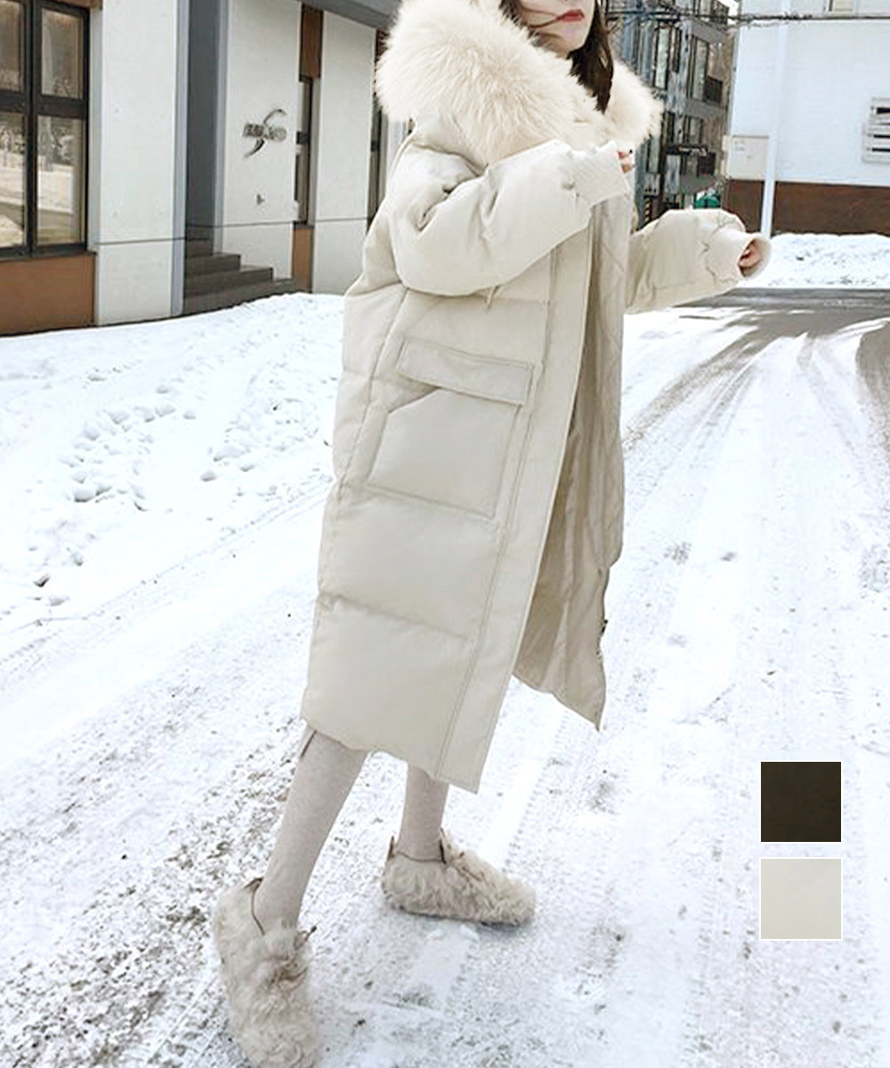 カットソー 長袖中綿入りフード付きロング丈防寒コート