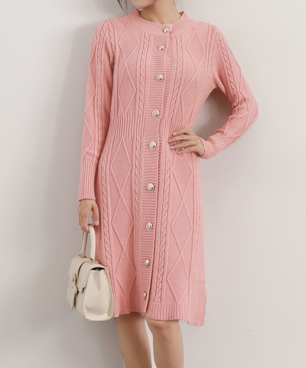 カットソー 長袖ケーブル編みニットワンピース ミニ丈上品
