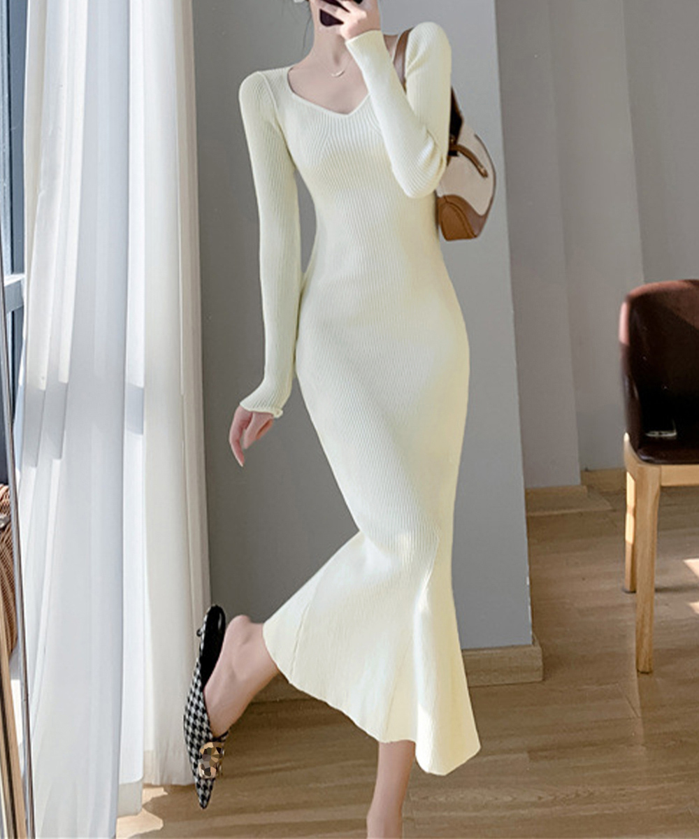 カットソー 長袖ニットワンピース 人魚姫シルエット ロング丈