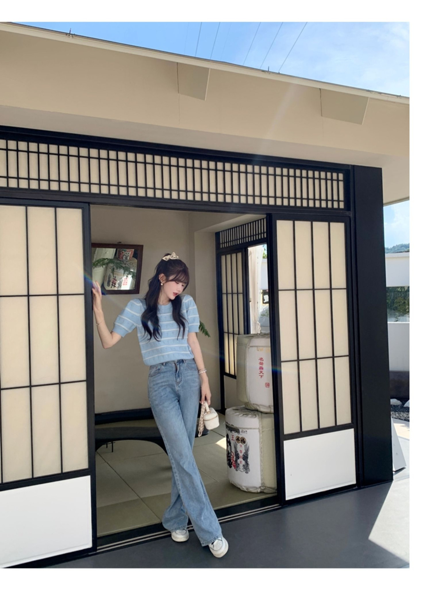 カットソー ボーダー透かし編み半袖ニット