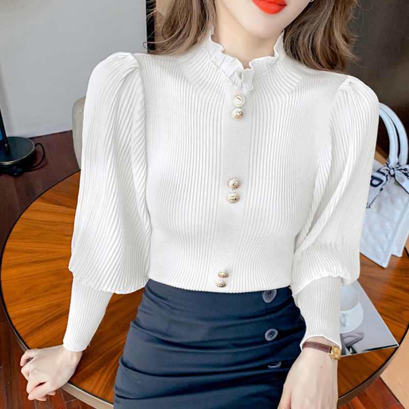 カットソー レディース ハイネック リブニット 金ボタン付き 長袖セーター