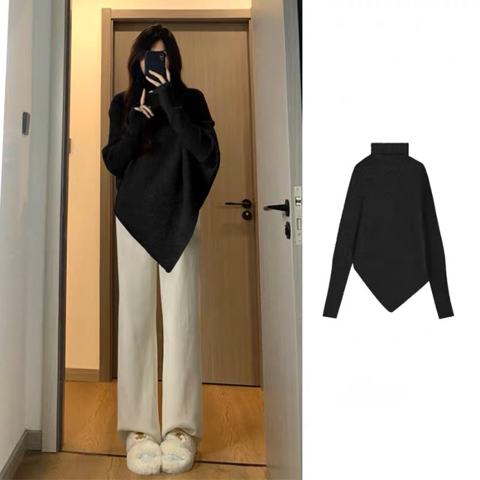 カットソー レディース タートルネック ニット セーター 長袖 アシンメトリー