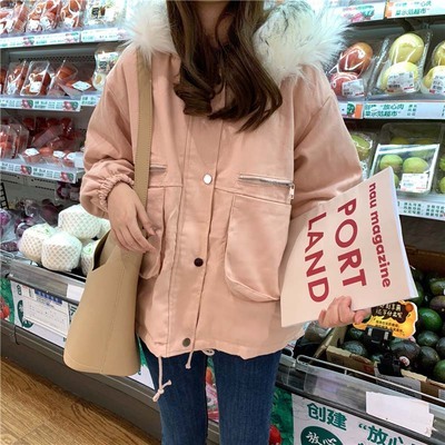 カットソー 学生向け韓国風長袖コットンコート毛皮襟付き冬服