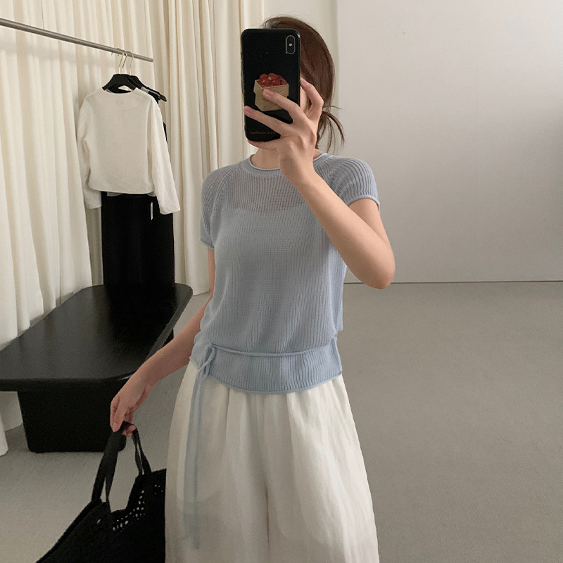 カットソー ウエスト紐付きリブ編み半袖ニット