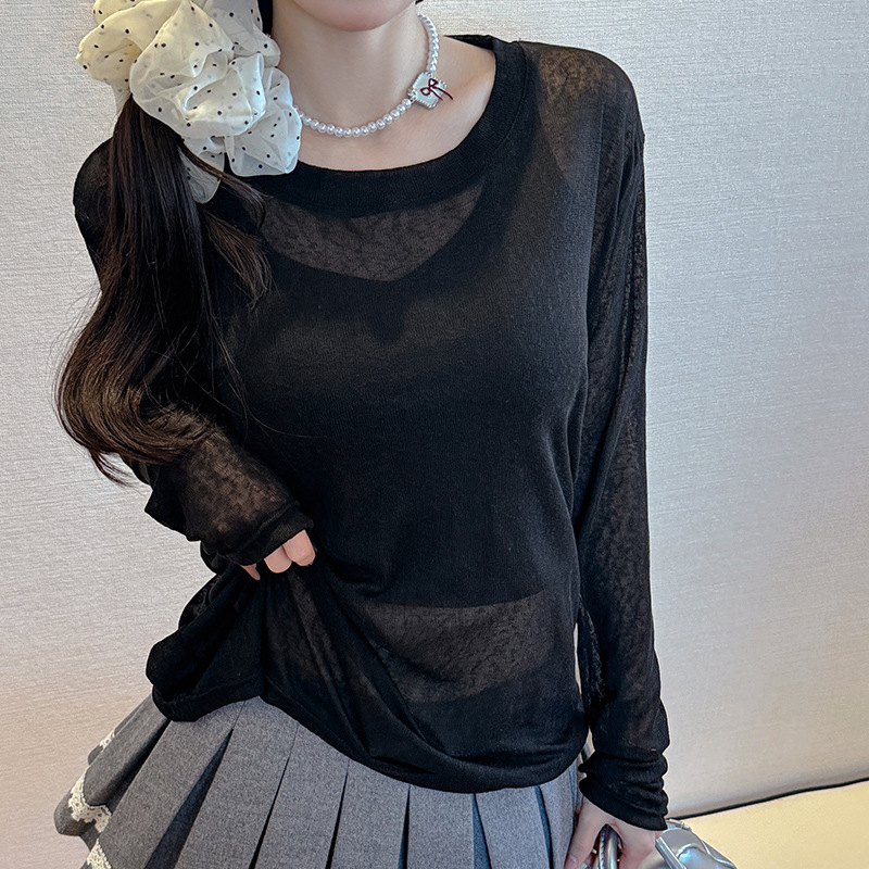 カットソー 透け感シアー素材長袖カットソー