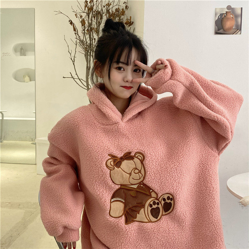 カットソー くま刺繍ボアフリース長袖オーバーサイズカットソー