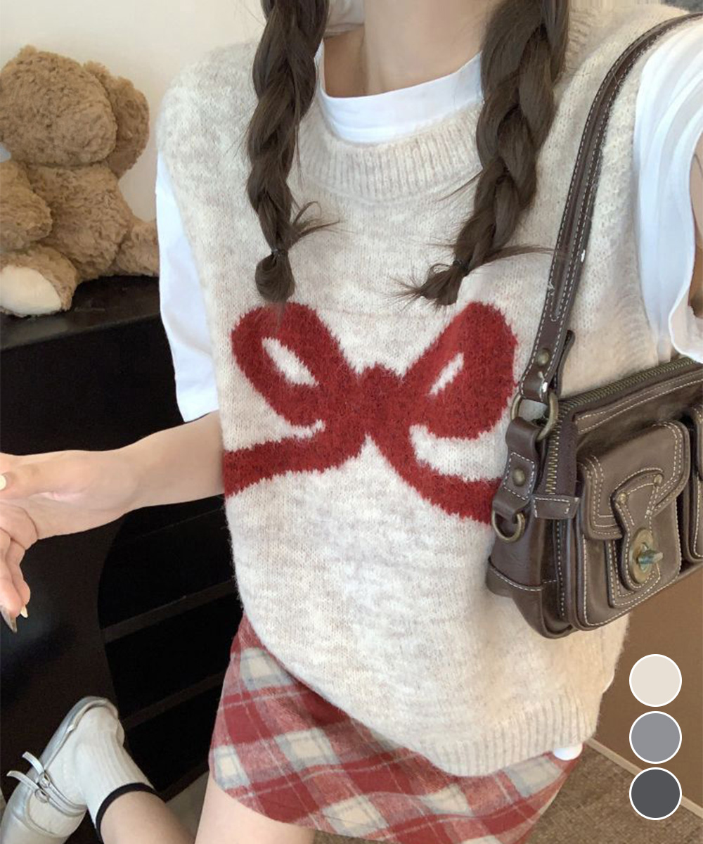 カットソー リボン柄ニットベスト レディース ノースリーブ