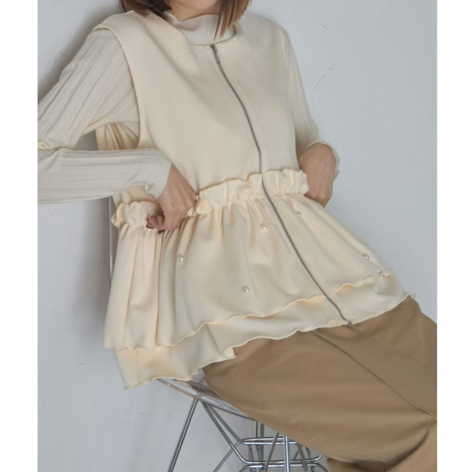 カットソー 新作ノースリーブ前開きベスト パール付き体型カバー羽織り