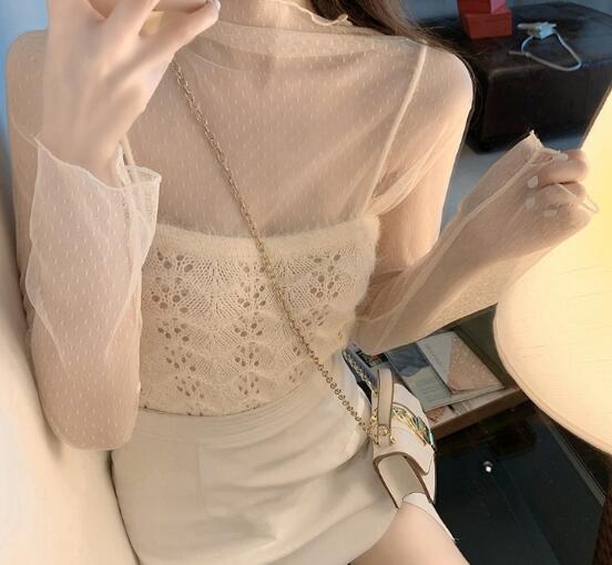 透け感長袖シャツ レース編みベスト重ね着風カットソー