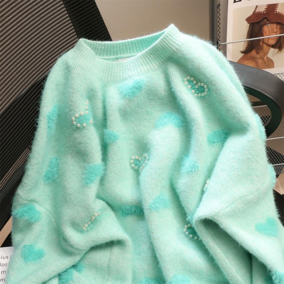 カットソー パール装飾長袖ニットセーター丸首可愛い韓国風4色展開