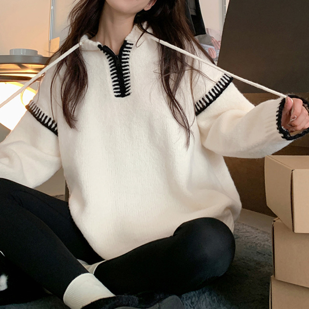 カットソー 配色ステッチ長袖ニットパーカー韓国風