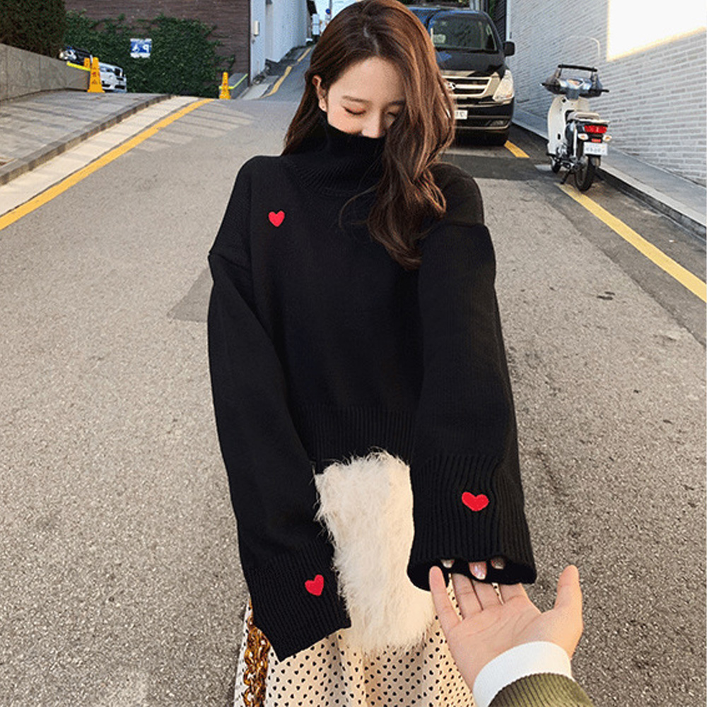 カットソー ハート柄ハイネックニットセーター 長袖 ゆったり