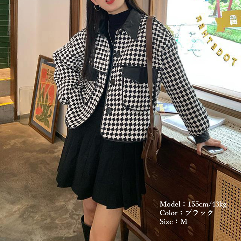 カットソー チェック柄長袖ジャケット韓国風ショート丈