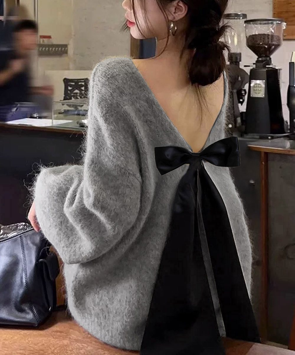 カットソー ボートネック背中開きリボンニットトップス