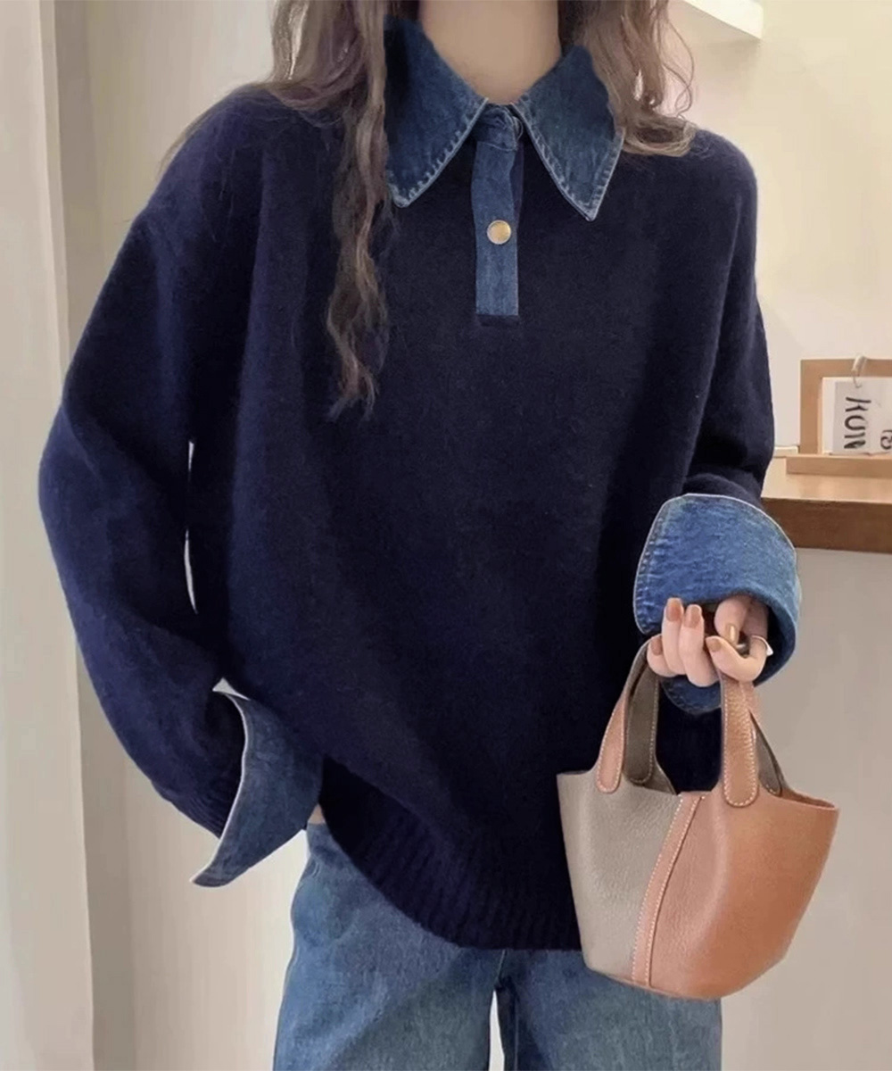 デニム切り替え長袖ニット襟付きカットソー