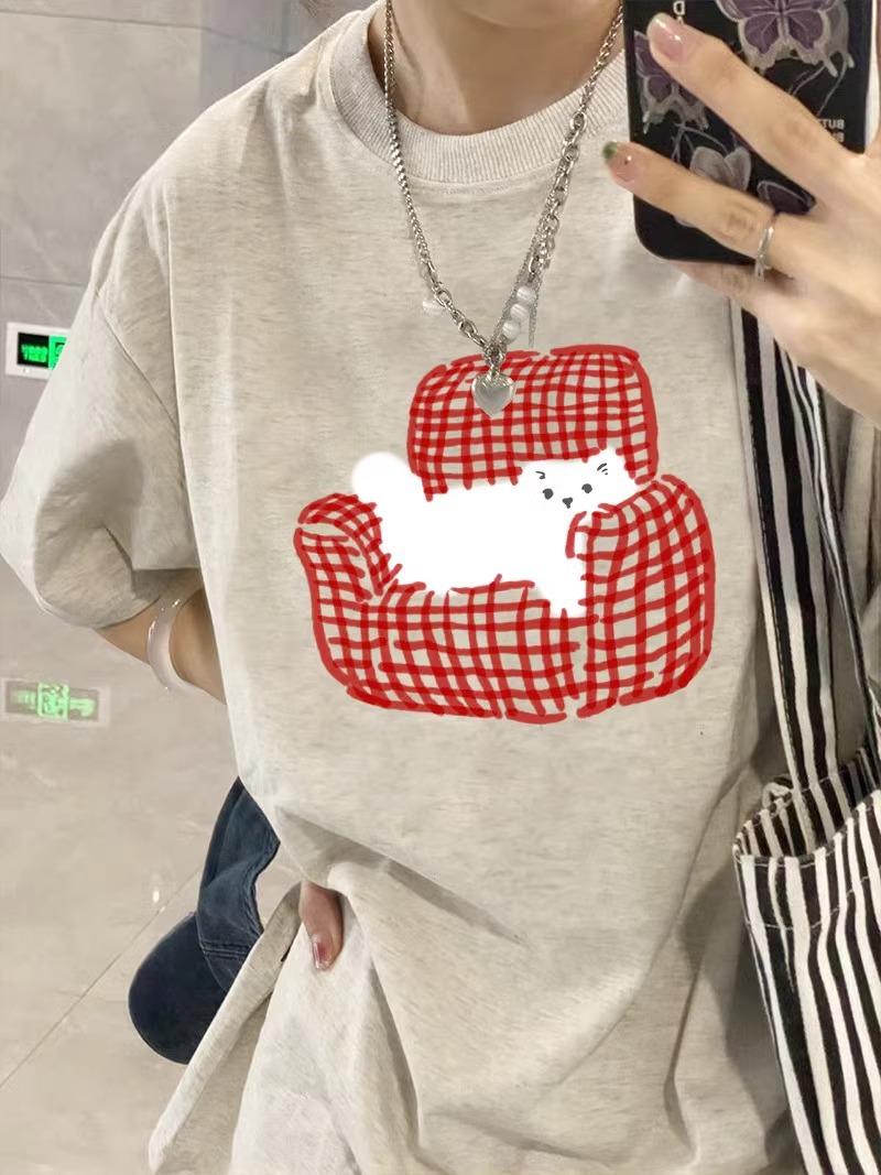 カットソー ソファねこ柄プリント半袖