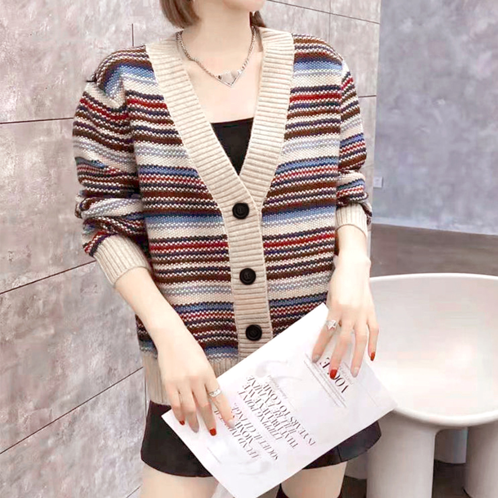 カットソー 配色ボーダーVネックニットカーディガン韓国風レディース