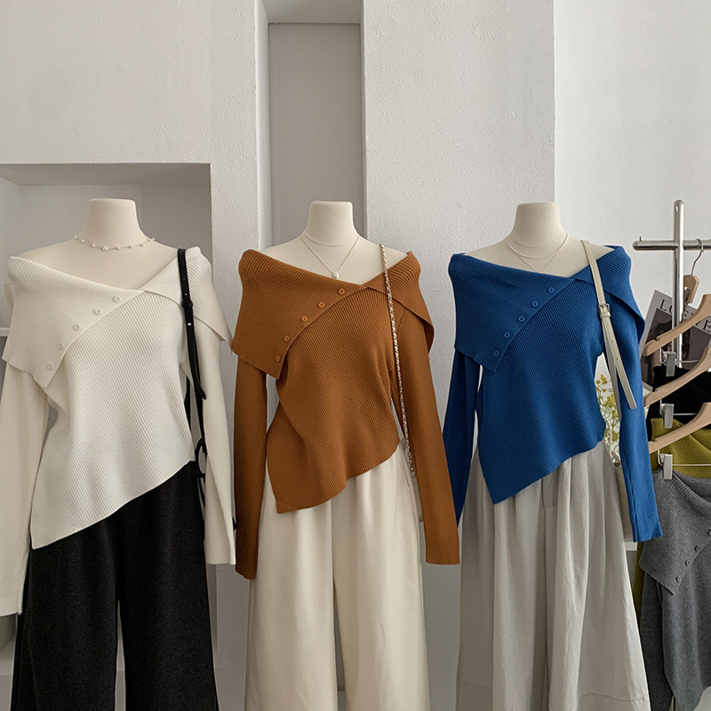 ボートネック韓国風ニットセーター長袖カットソー6色