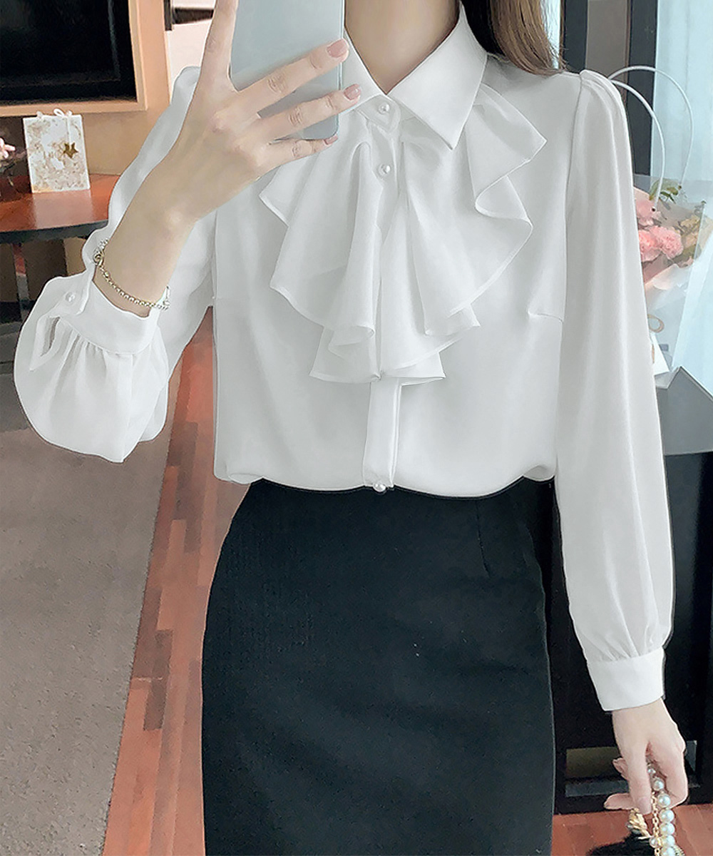 カットソー フリルリボン長袖ブラウス白シャツ