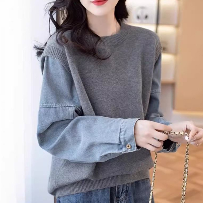 秋冬新作 異素材切替 長袖カットソー デニム袖重ね着風トップス