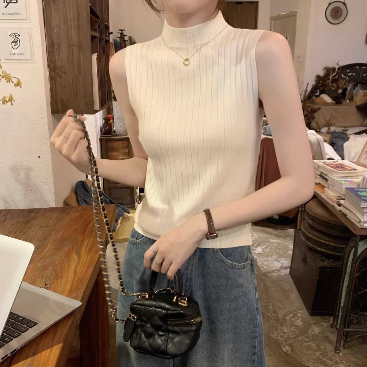 カットソー 薄手リブ編みハイネックニットベスト レディース袖なしセーター