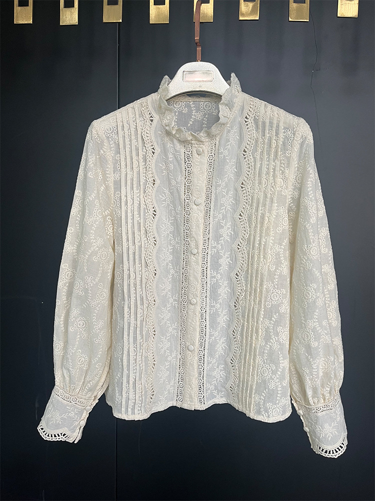 カットソー レース刺繍フリルスタンドカラーブラウス