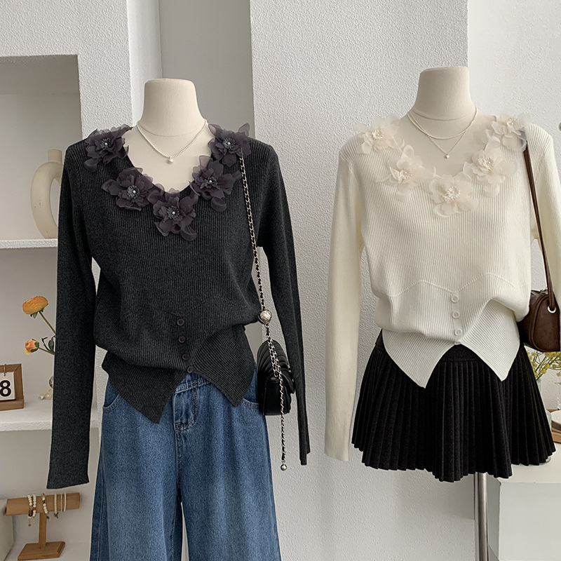 カットソー 花装飾長袖ニットセーター韓国風レディース２色