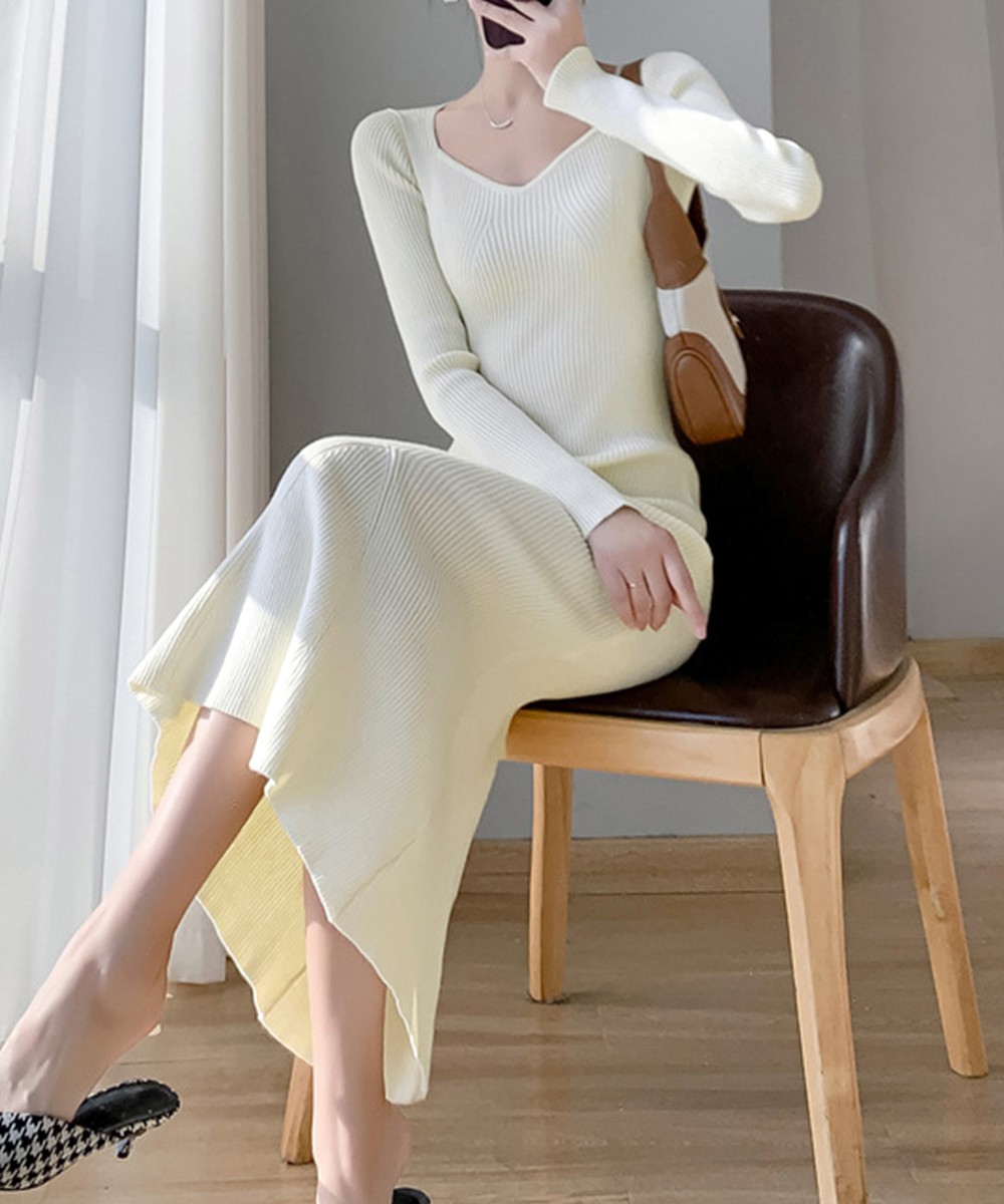 カットソー 長袖ニットワンピース 人魚姫シルエット ロング丈