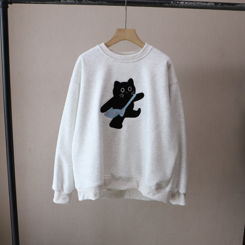 可愛い猫刺繍長袖裏起毛カットソー韓国風4色