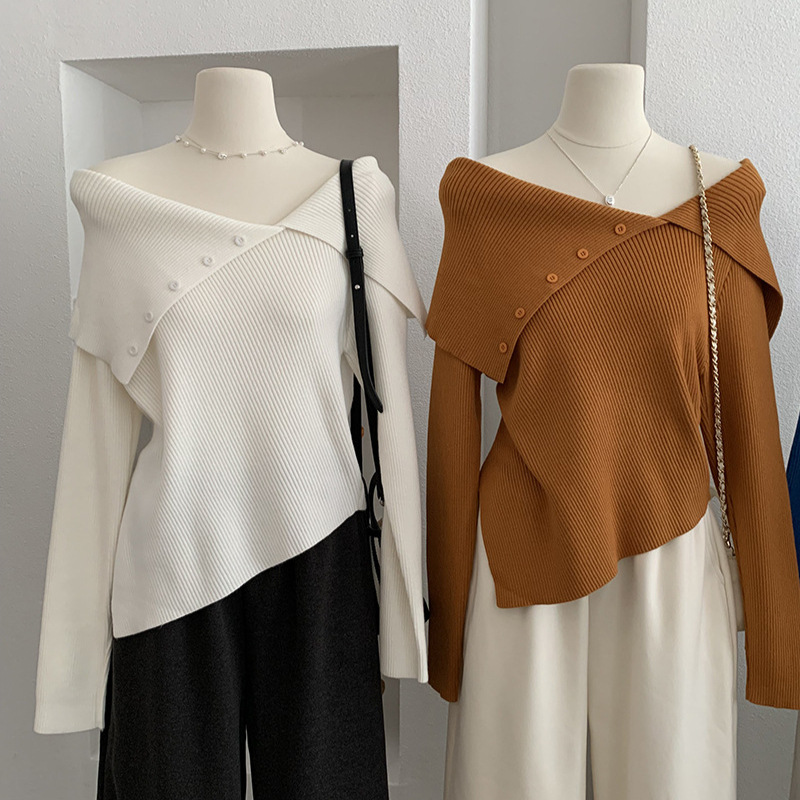 ボートネック韓国風ニットセーター長袖カットソー6色