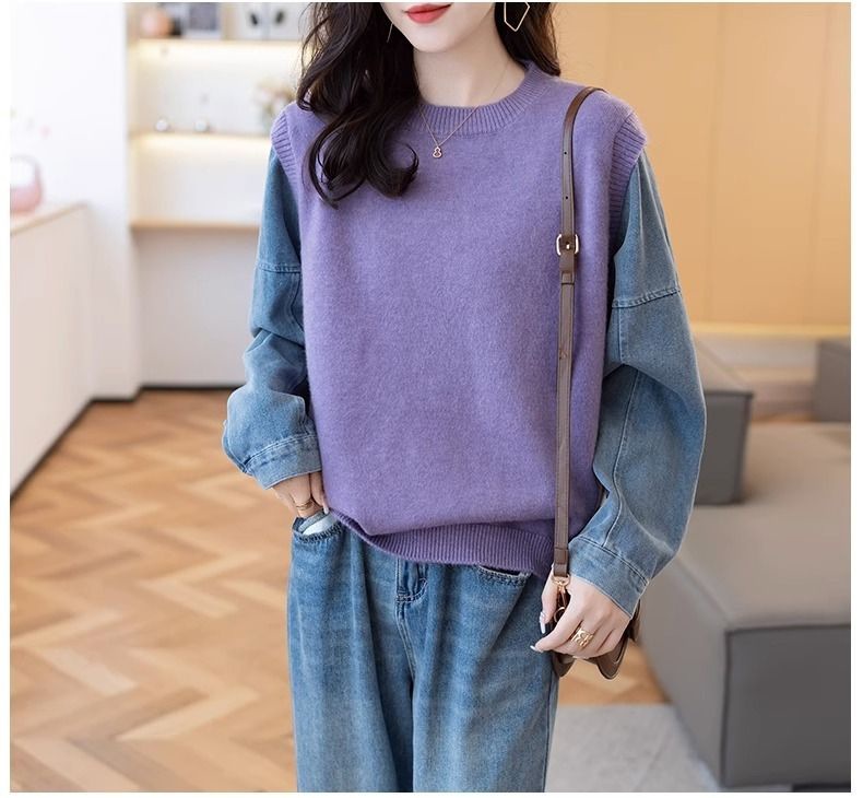 秋冬新作 異素材切替 長袖カットソー デニム袖重ね着風トップス