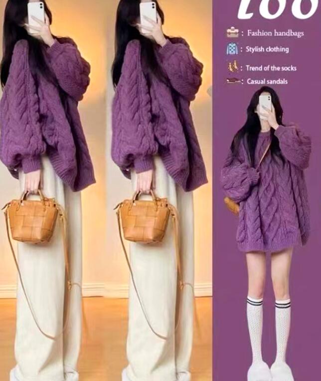 カットソー 女性用ハイネックニットセーター ケーブル編み厚手カジュアルトップス