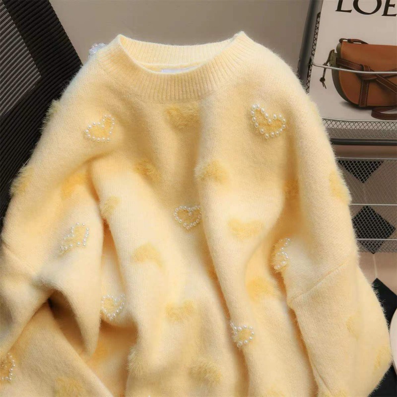 カットソー パール装飾長袖ニットセーター丸首可愛い韓国風4色展開