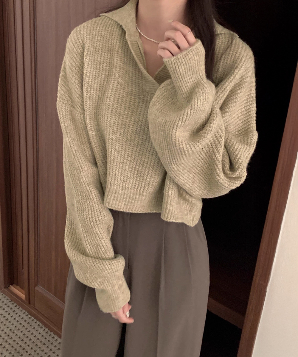 カットソー 襟付きVネックニット ゆったりスキッパーセーター