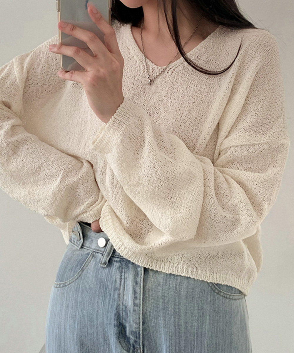 透け感ニット長袖トップス ブイネック春夏カットソー