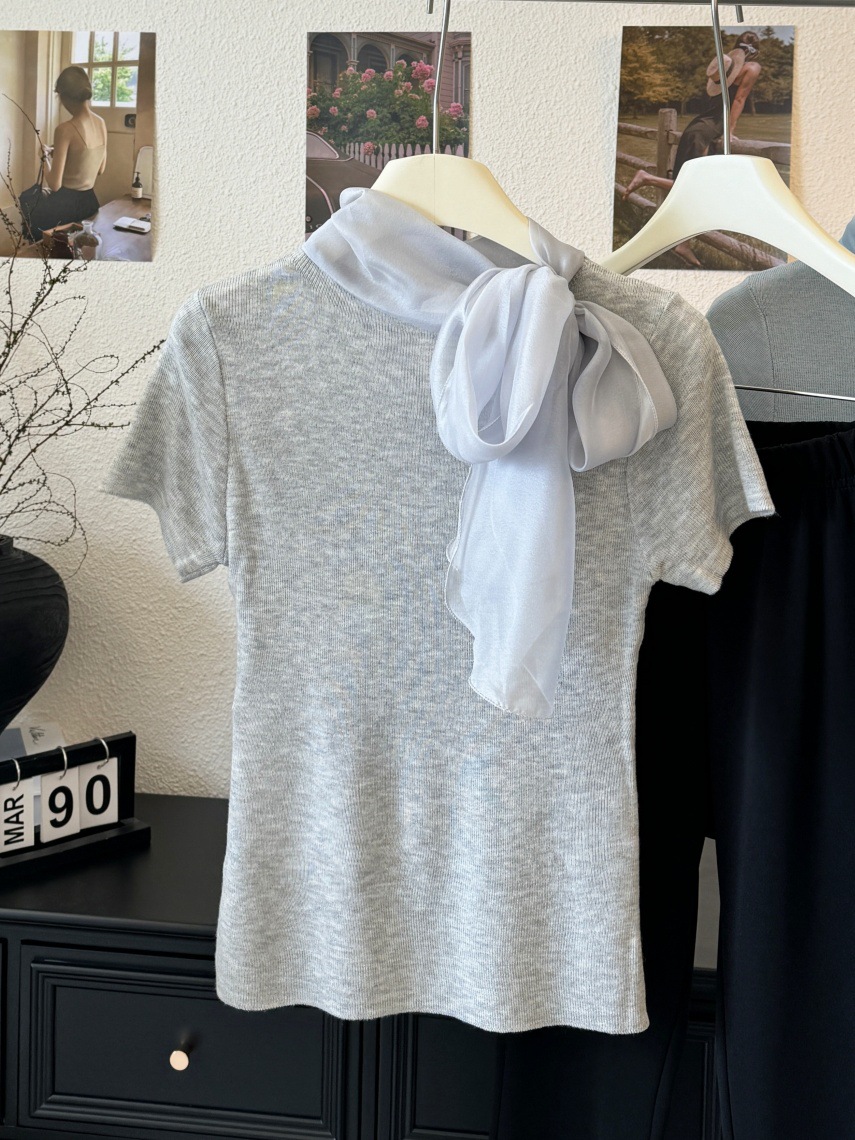 カットソー シフォンスカーフ付きリブカットソー
