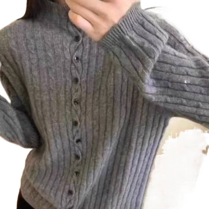 カットソー 2025新作 レディース ハイネック リブニット セーター ボタン付き