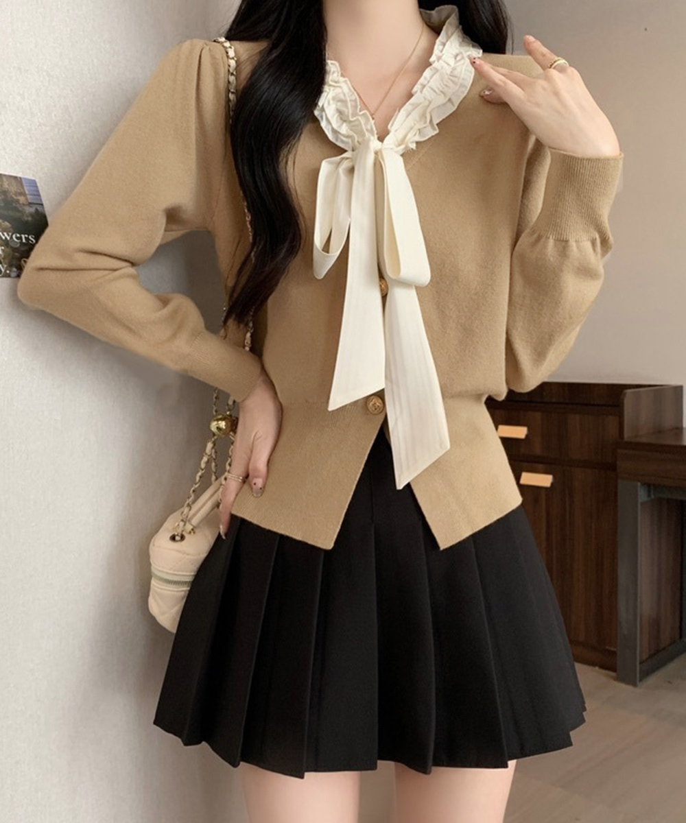 カットソー 長袖ボウタイニット フリル襟付きトップス